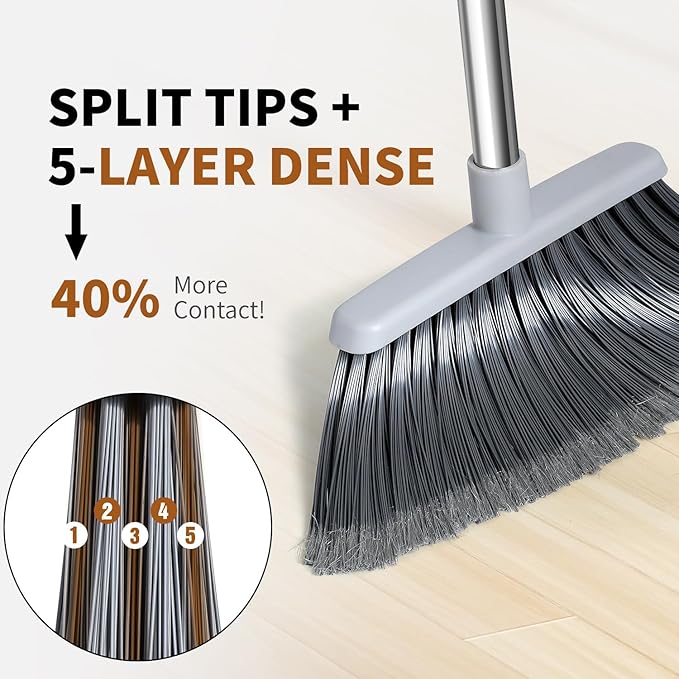 Broom, Outdoor Brooms for Sweeping Indoor, Adjustable 55" Pet Hair Removal Heavy Duty Broom for Floors Home Kitchen Garage Commercial Patio Industrial Snow (Grey 2 Pack and Black 1 Pack)