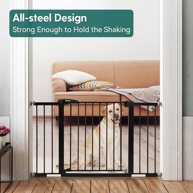 Babelio Metal Auto Close Baby Gate PressGuard P7,Extra Wide Pet Gate for The House and Doorways, Pressure Mounted Walk Thru Child Gate with Door (Black, 30" Tall 29"-48" Wide)