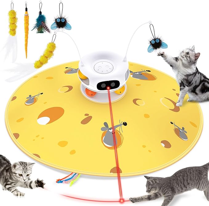 Interactive Cat Toys for Indoor Cats, 5 in 1 Hide and Seek Cat Toys with Motion Activated and Automatic Laser, Fluttering Feather & Dual Track Balls with Chirping for All Breeds, Rechargeable
