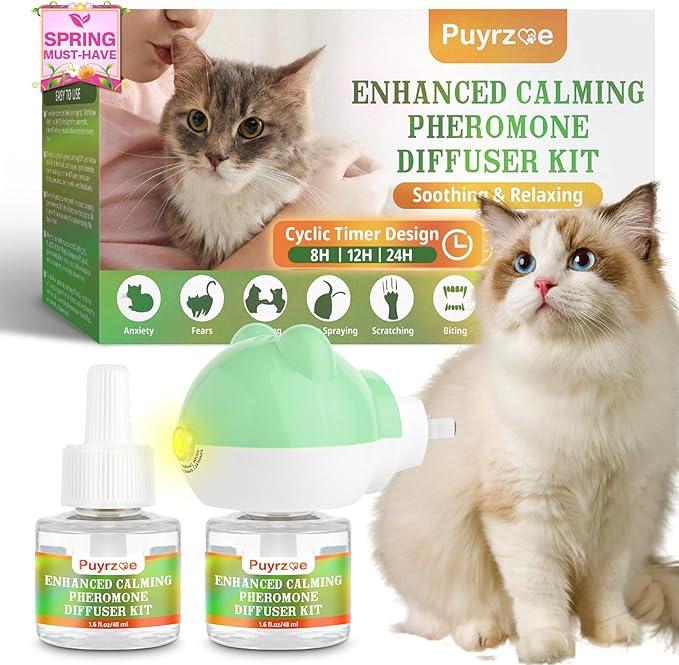 Cat Calming Diffuser with Timing Function, 3-in-1 Cat Pheromones Calming Diffuser Kit, 60-Day Anxiety Relief, Stress Relaxation Cat Pheromone Diffuser for All Cats (1 Diffuser + 2 Refills)