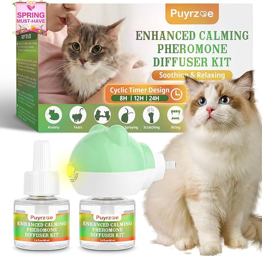 Cat Calming Diffuser with Timing Function, 3-in-1 Cat Pheromones Calming Diffuser Kit, 60-Day Anxiety Relief, Stress Relaxation Cat Pheromone Diffuser for All Cats (1 Diffuser + 2 Refills)