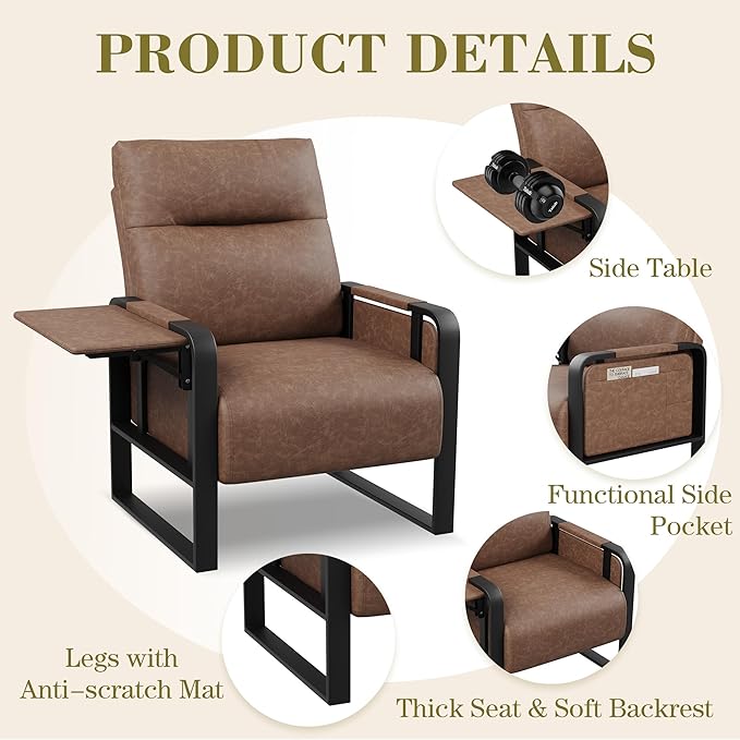 Modern Accent Chair with Tray Table PU Leather Upholstered Armchair for Bedroom Leisure Living Room Chairs Office Chair Dark Brown