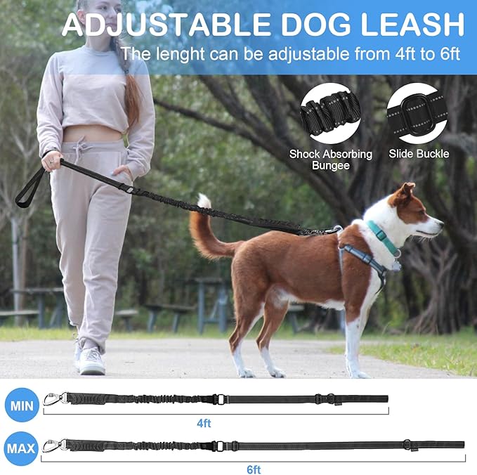 2 Pack Heavy Duty Dog Leash for Medium Large Dogs That Pull,4-6FT Shock Absorbing Bungee Tactical Dog Leash with 2 Padded Handle Car Seatbelt,Reflective Walking Training Lead,Black Teal