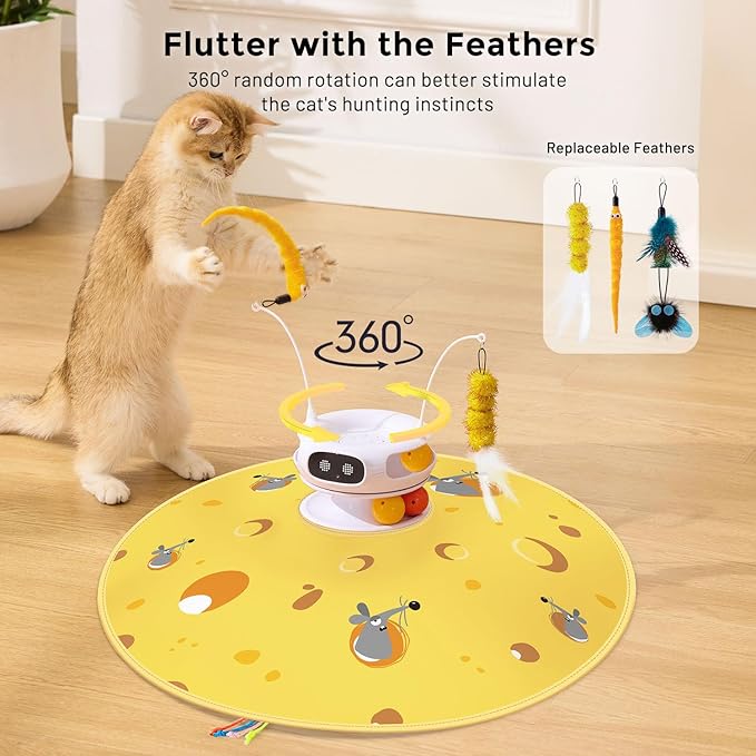 Interactive Cat Toys for Indoor Cats, 5 in 1 Hide and Seek Cat Toys with Motion Activated and Automatic Laser, Fluttering Feather & Dual Track Balls with Chirping for All Breeds, Rechargeable