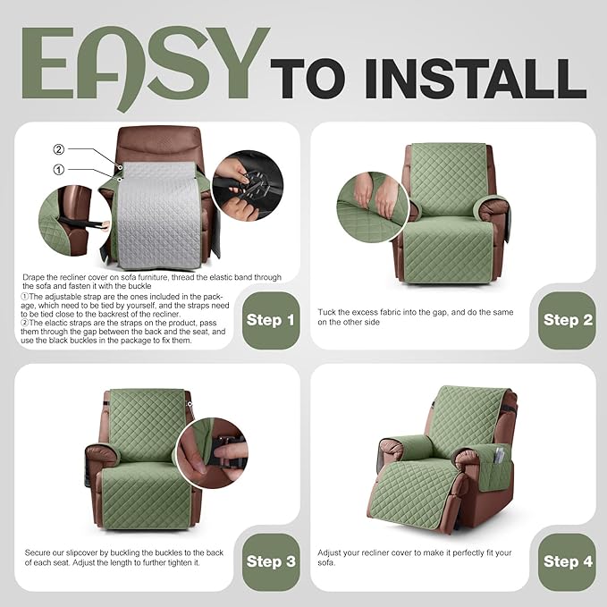 KinCam 100% Waterproof Recliner Chair Cover, Reclining Couch Covers for Pets, Dogs, Recliner Couch Slipcover Furniture Protector with Elastic Straps for Kids(28", Cactus Green)