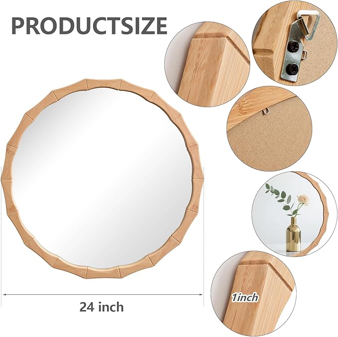 24" Circle Scalloped Mirror,Round Wavy Edge Wall Mirror for Bathroom,Nature Farmhouse Vanity Mirror with Bamboo Framed Hanging Leaning for Bedroom Living Room Entryway