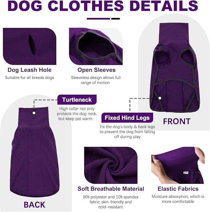 ROZKITCH Fleece Dog Jacket, Pet Windproof Warm Cold Weather Jacket Vest Cozy Jumpsuit Apparel Outfit Clothes for Walking Hiking Travel Sleep Purple 3XL