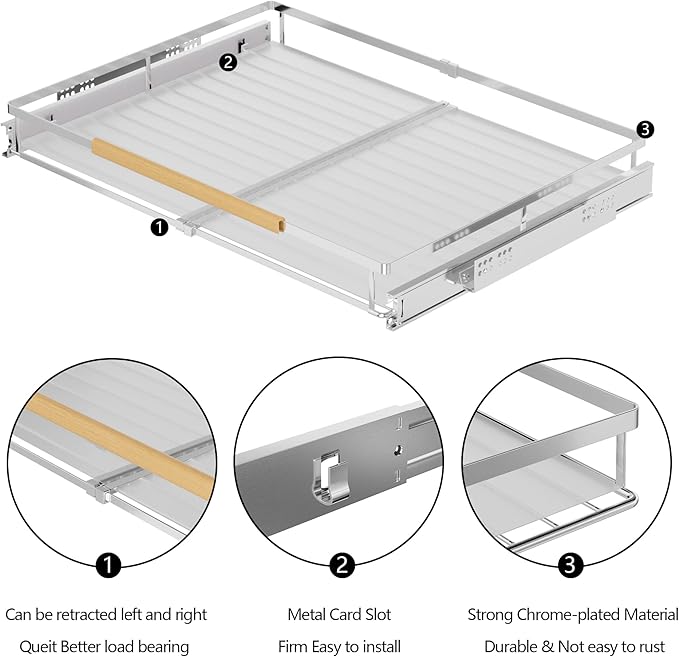 SANNO Expandable Pull Out Cabinet Shelf,Under Sink Slide Out Cabinet Organizer, Pots Pans Kitchen Organizer Basket Dish Drying Rack with Stainless Steel Utensil Holder Large Dish Rack Drainer