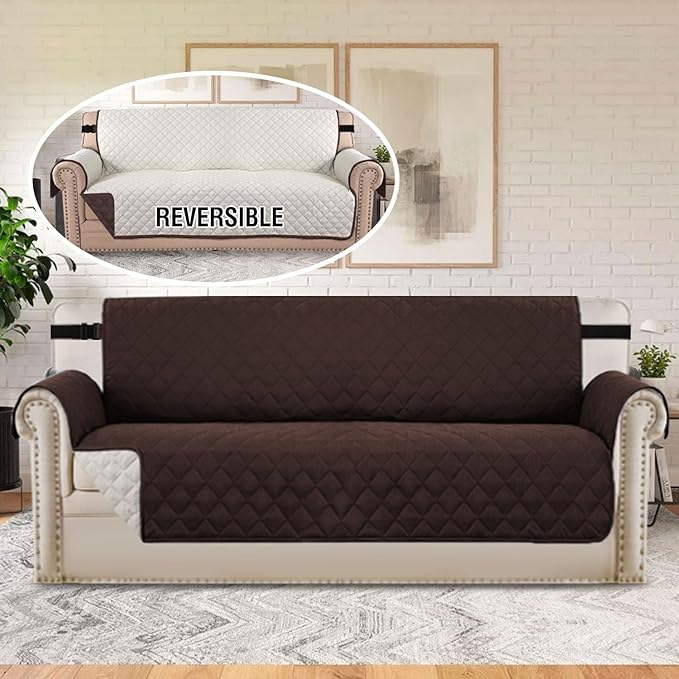 H.VERSAILTEX Sofa Slipcover Reversible Sofa Cover Seat Width Up to 66" Water Resistant Couch Cover with Elastic Strap Quilted Furniture Protector for Pets(Sofa, Brown/Beige)