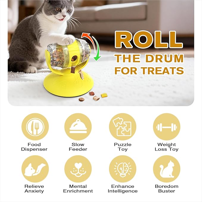Rotating Interactive Cat Treat Dispenser Toy - Slow Feeder Puzzle for Indoor Cats-Yellow