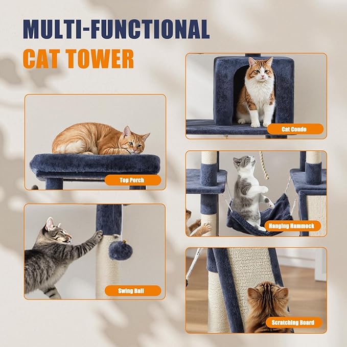 63 inch Multi-Level Cat Tree Tower 63 with Scratching Posts, Cozy Perches and Stable Climbing Platform for Indoor Cats,Dark Grey