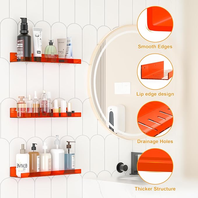 2 Pack Floating Shelves– 15'' Orange Acrylic/PET Wall-Mounted No Drill Storage with Adhesive, Bathroom & Bedroom Shelving for Kitchen, Living Room, Home Decor