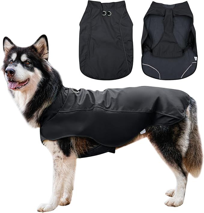 Outdoor Waterproof Dog Jacket for Extra Large Dogs,Doggie Coats with Harness Buitl in D-Ring Warm Fleece Dog Clothes for Cold Winter,Black 5XL