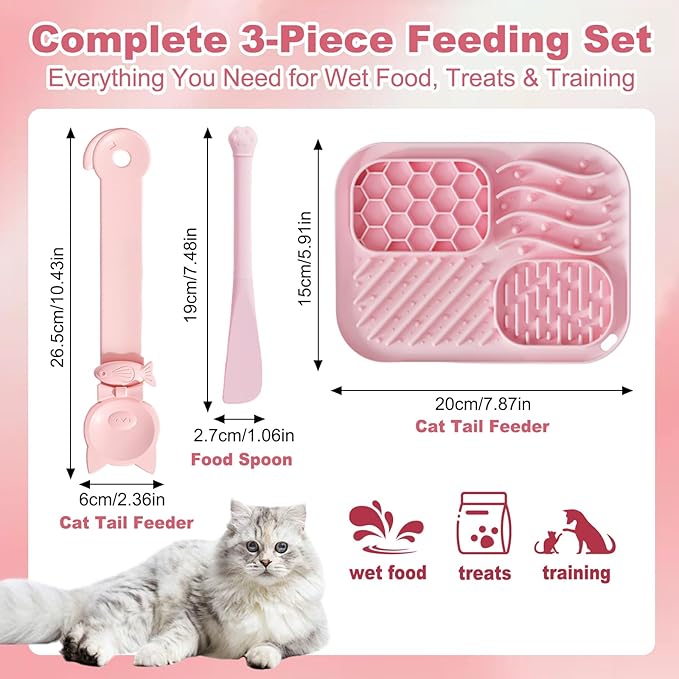 AZY 3-Piece Slow Feeder cat Bowl and Lick Mat Set – Silicone Cat Treat Spoon, Feeding Mat for Wet Food, Enrichment and Slow Eating