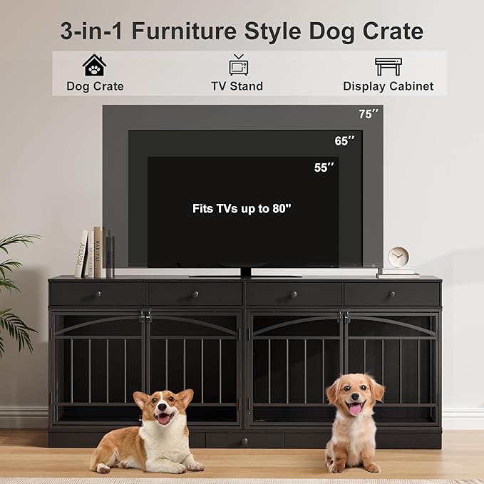 GarveeHome Dog Crate Furniture for 2 Dogs, Dog Kennel Indoor with 4 Storage Drawers and Feeding Bowls, Double Dog Crate TV Stand for Small Medium Dogs, Black