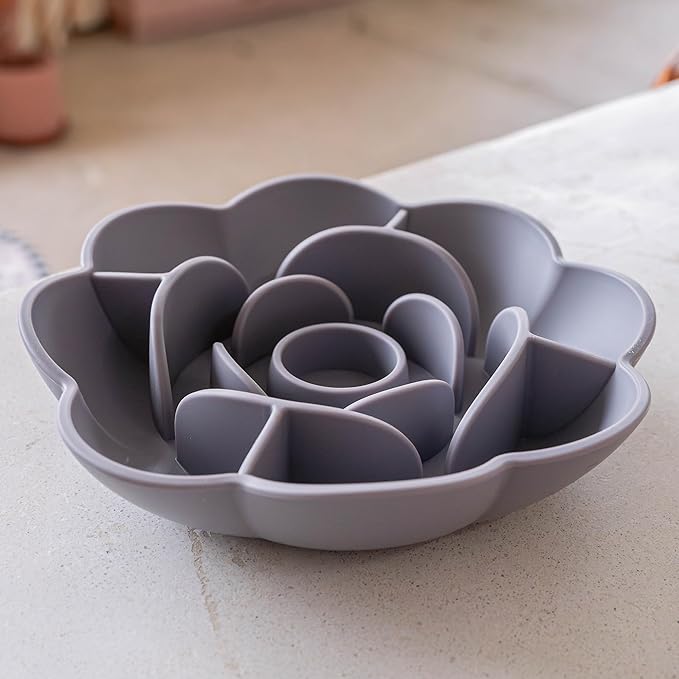 Flower Slow Feeder - Grey - Dog & Pet Mealtime Accessory, Fits Into Most 8" Bowls, Suction Base, Safe & Non-Toxic, Food-Grade Silicone
