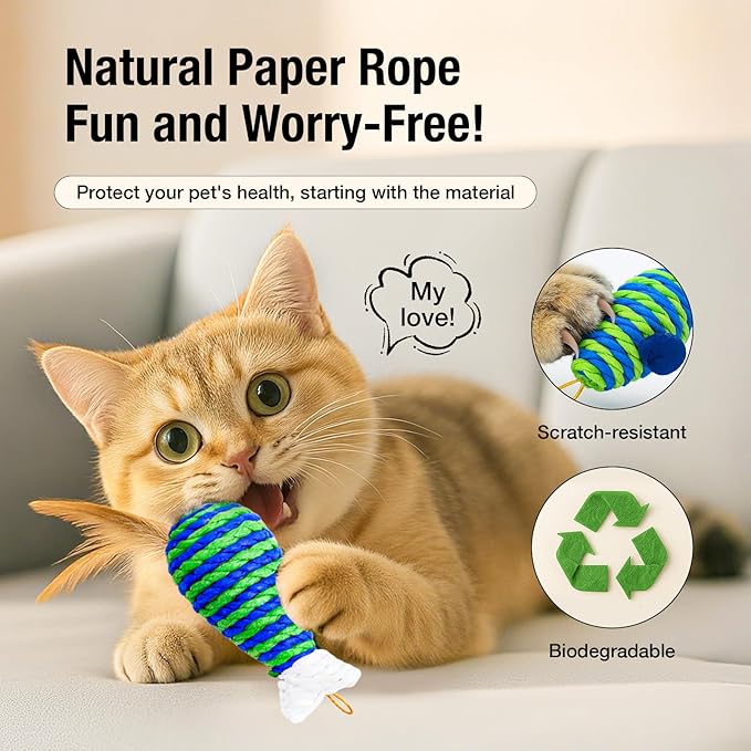 UTEE Cat Feather Wand Toy Set – Interactive Teaser Wand with 7 Replacement Feather Heads, Eco-Friendly Rope Design, Stimulating Indoor Play for Exercise & Bonding (Blue & Green)
