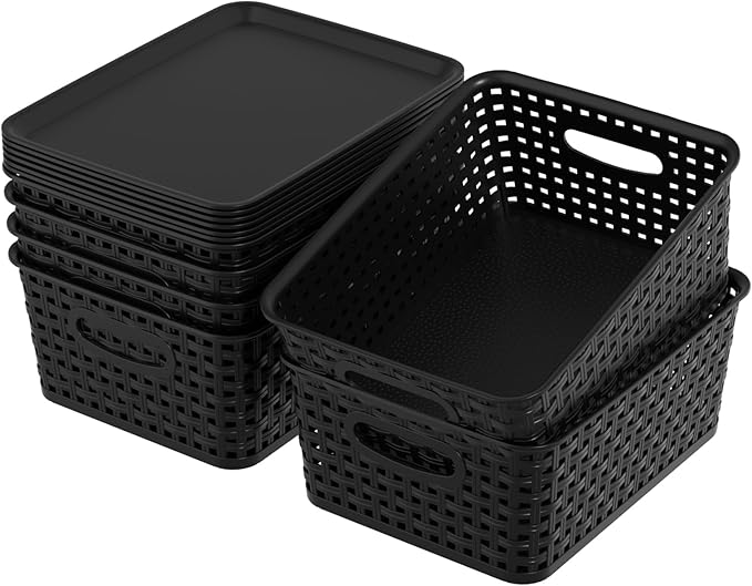 6 Pack Plastic Storage Basket Bins with Lid, Plastic Lidded Storage Bins Shelf Basket for Bathroom, Classroom, Office, Black