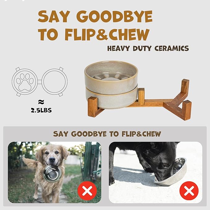 Ceramic Slow Feeder Dog Bowl Set with Stand, Cute Paw Slow Feeding Food Bowl and Water Bowl for Medium Breed, 6.3" Ceramic Non Slip Dog Dishes, Grey