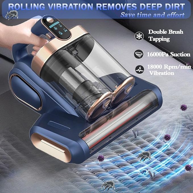 Bed Vacuum Cleaner,16Kpa Suction Double Cup Cordless Mattress Vacuum Cleaner with Ultrasonic and LED Display,18000 RPM/Min Brushroll,Cordless Vacuum for Pet Hair,Sofas,Blankets,Mattresses,etc.