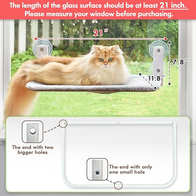 AMOSIJOY Cordless Cat Window Perch, Cat Hammock for Wall with 4 Suction Cups, Anchor&Screw for Two Ways of Installation, Solid Metal Frame and Reversible Cover, Foldable Cat Beds for Indoor Cats