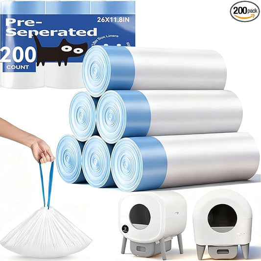 200 Count Automatic Cat Litter Box Bags Compatible with Cmg Fmo Fstg Robot Litter box, Pre-Seperated Thick Self-Cleaning Cat Litter Box Replacement Liners with Drawstring Heavy Duty-26"x11.8"
