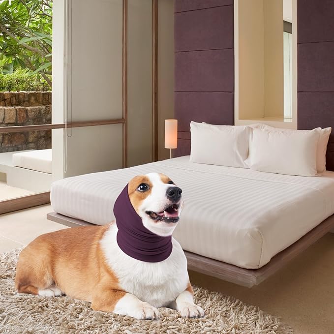 Dog Calming Hoodie Head Wrap,No Shake Anxiety Relief Quiet Thunder Vest for Dogs,Ear Protection Head Muffs for Grooming,Pet Covers for Fireworks,Vet Visits,Bathing,Purple,L