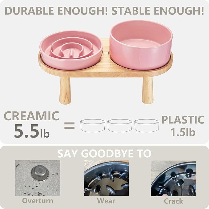 Ceramic Slow Feeder and Water Bowl Set for Small Dogs, 6.0 Inch Ceramic Dog Bowls Elevated with Wooden Stand, 0.6 Cups Dog Slow Feeder(14oz) and 30oz Water Bowl Set, Pink