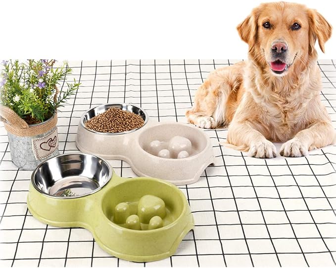 Tineer Double Pet Dog Slow Feeder Bowl,Stainless Steel Anti-Choke Puppy Food and Water Feeder for Dog Cats (Green)