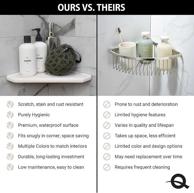 Questech 10" Corner Shower Shelf, Retrofit Shower Organizer for Tiled Walls, Corner Caddy Soap Dish Bathroom Storage, Geo Flatback, White Polished