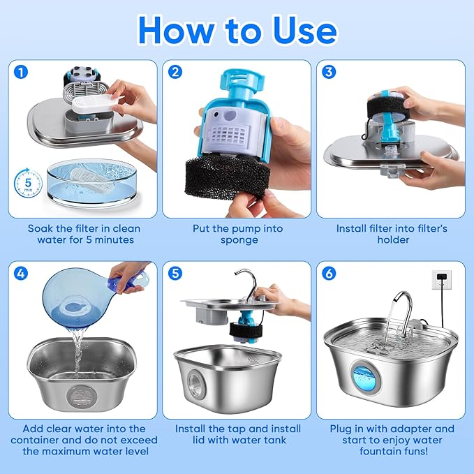 Cat Water Fountain with Water Level Window, One Set of Filter, 108oz/3.2L Pet Water Fountain for Cats/Dogs Inside, 304 Stainless Steel, Dishwasher Safe with Low Noise Pump, Filtration System