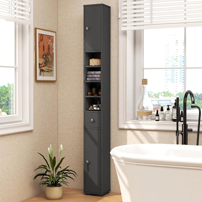 GOFLAME 71” Tall Bathroom Storage Cabinet, Narrow Freestanding Organizer with 1 Drawer, 2 Doors & 5 Open Shelves, Slim Bathroom Cabinet for Small Space, 8" x 8" x 71", Grey