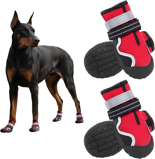 Dog Shoes Small Medium Large Size Dogs, Puppy Booties Paw Protector for Hot Pavement, Non-Slip Waterproof Rubber Reflective Strapped Boots (Red, Size 2#: (2.4 * 1.9) (L*W) for 18-27lbs)