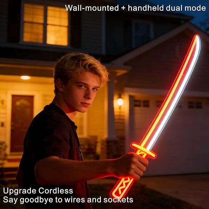 Katana Neon Sign, Light Up Katana LED Sword, Wireless Operated Light Up Sword with Remote, 2-in-1 LED Signs for Wall Decor, Gamer Room Decor for Boys Man Cave Decor, Perfect Teenage Boy Gifts Halloween Christmas Gifts