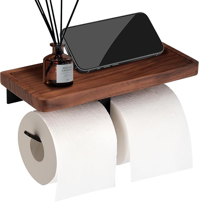 Double Toilet Paper Holder with Walnut Wood Shelf - Wall Mount & Self-Adhesive Bathroom Tissue Roll Holder, Black Stainless Steel with Walnut Shelf for Phone - Home Apartment Restroom