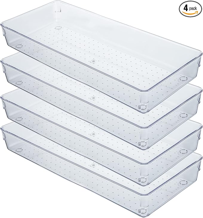 Kingrol 4 Pack Clear Drawer Organizer Trays, 15 x 6 x 2 Inch Desk Drawer Divider Storage Bins, Storage Box Set for Utensils Junks Vanities Makeups Jewelry Office Craft Supplies