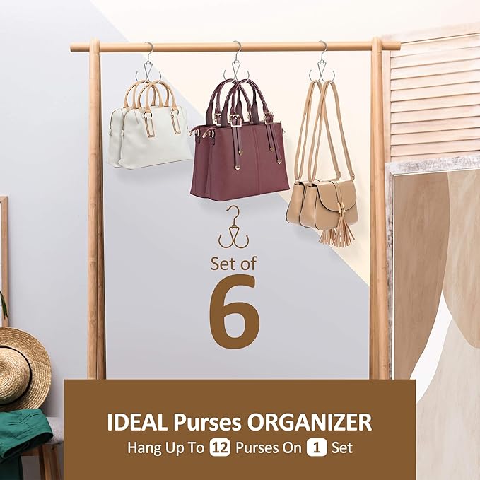 ZEDODIER 6 Pack Purse Hanger Bag Organizer for Closet, Heavy Duty Rotatable Purse Holder with 12 Storage Capacity, Bag Storage Rack for Purses Bags Backpacks, Silver