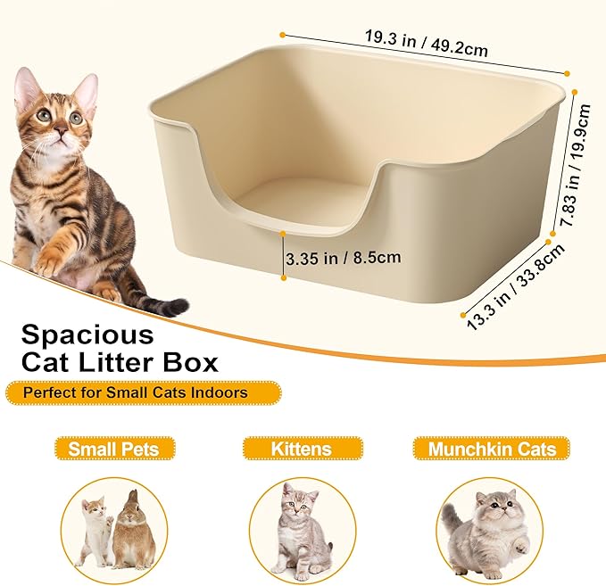 Low Entry Cat Litter Box with High Sides - Open-Top Anti-Splash, Durable Easy-Clean Pan for Kittens, Munchkin Cats, Senior Medium-Sized Cats & Small Pets (Rabbits), 19.3”x13.3”x7.8” Beige