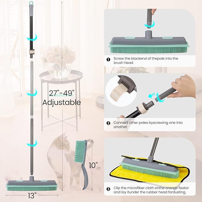 Conliwell Rubber Broom Carpet Rake for Pet Hair, Fur Remover Broom with Squeegee and 18" Professional Microfiber Mop Floor Cleaning System