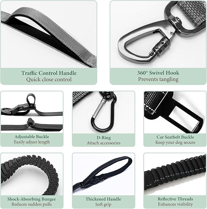 Hands-Free Dog Leash - Tactical Rope with No Pull Bungee Tangle Free Clip, Adjustable Length for Multi-Use, 2-Handle with Reflective Strip, Lead for Hike Run Small Medium Large Pet (Black)