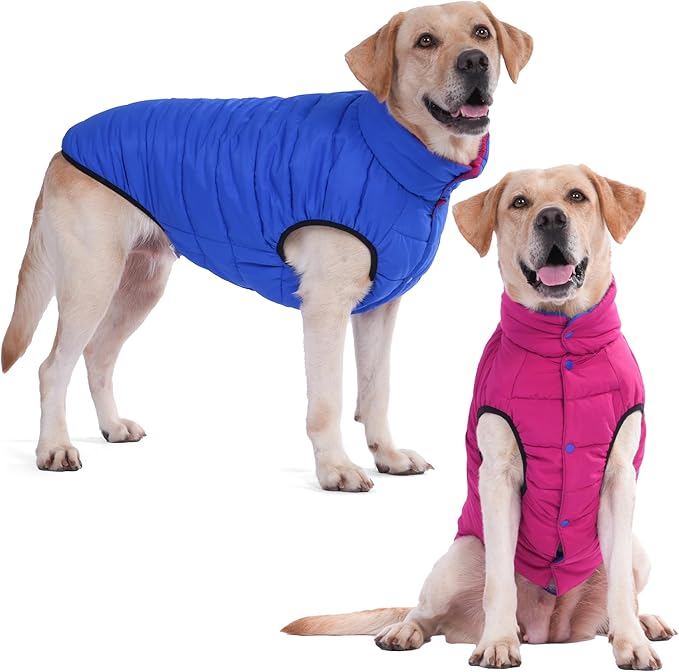 LovinPet Reversible Dog Puffer Coat for Medium & Large Dogs, Down‑Insulated Winter Jacket, Water‑Resistant & Wind‑Resistant, Anti‑Static, Dual-Sided Blue & Red for Cold Weather, L