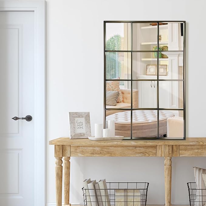 Windowpane Wall Mirror 30"x40" Bronze Wall Mounted Art Pane Mirror Farmhouse Decorative Mirror Leaning Hanging Wall Mirror for Bedroom Living Room Entrance Hallway Wall Decor