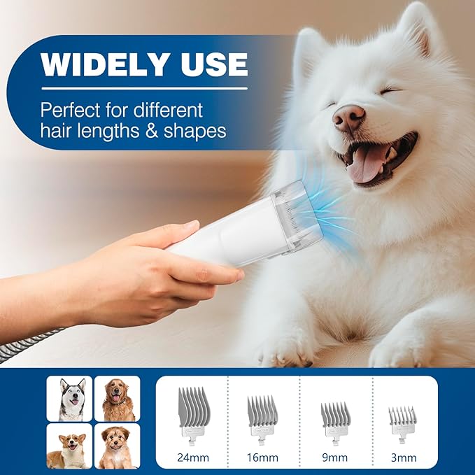 Pet Dog Grooming Vacuum Kit with 2.3L Capacity Larger Pet Hair Dust Cup Dog Brush Vacuum for Shedding Vacuum Cleaner with 4 Proven Grooming Tools（Blue）