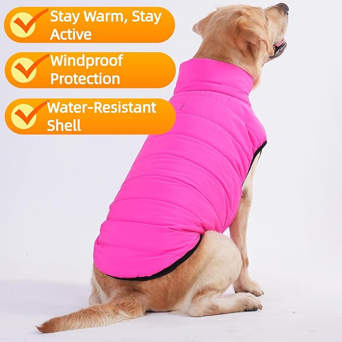 LovinPet Reversible Dog Puffer Coat for Medium & Large Dogs, Down‑Insulated Winter Jacket, Water‑Resistant & Wind‑Resistant, Anti‑Static, Dual-Sided Pink & Black for Cold Weather,L