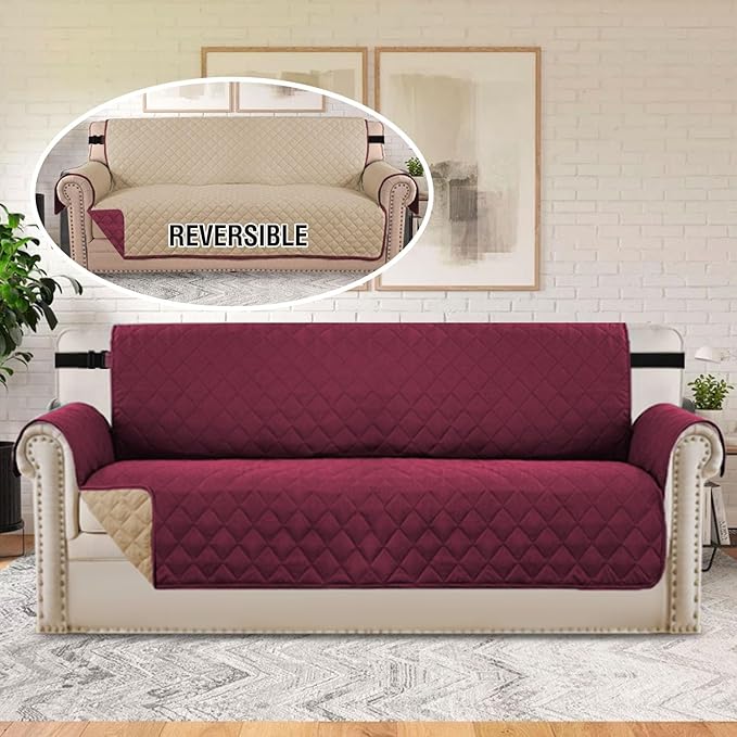 H.VERSAILTEX Reversible Couch Cover for 3 Cushion Couch Water Resistant Sofa Cover Seat Width Up to 78" Washable Furniture Protector Cover for Dogs/Cats/Pets(Oversized Sofa, Red/Tan)