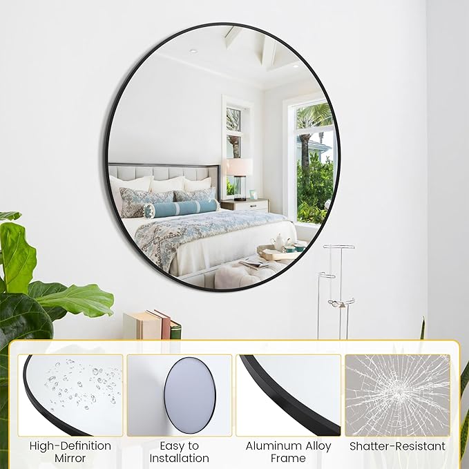 32 in Round Mirror for Wall, Black Metal Frame Circle Mirror, Round Bathroom Mirror for Wall Decor, Mirror for Entryway, Vanity, Bedroom, Easy to Install