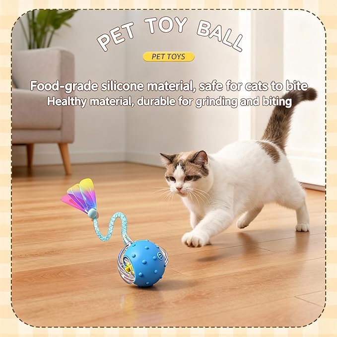 Interactive Cat Toys for Indoor Cats with 3 Interchangeable Tails - Automatic Moving & Chirping Ball, Self Play Toy for Playful Kittens & Bored Cats Home Alone (Blue)