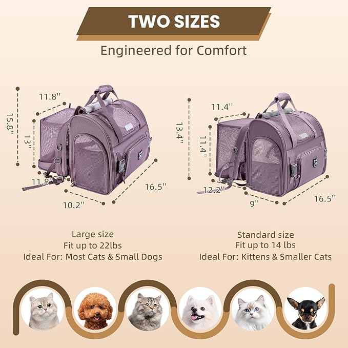 Lollimeow Expandable Cat Carrier Backpack for Large Cats - Airline Approved Pet Carrier Backpack for Small Dogs, Hiking & Travel, Waterproof with Breathable Mesh, 22lbs Capacity (Plum, Large)