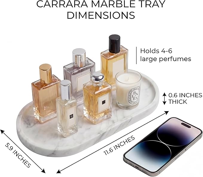 YKAJO 11.6" x 5.9" Oval Real Marble Tray for Bathroom & Kitchen Counter — 100% Natural Stone Decorative Vanity Tray for Dresser & Perfume — Heavy Catchall Organizer for Soap & Jewelry, White Gray