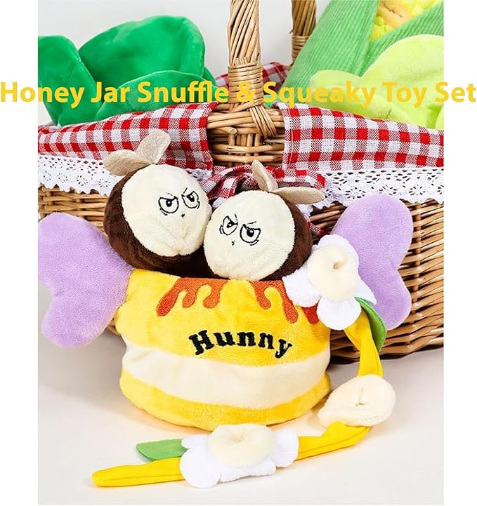 Honey Jar Snuffle & Squeaky Toy Set for Dogs – Interactive Foraging Puzzle with Treat Mat, Squeaky Bee & Chew Rope, Multi-Sensory Mental Enrichment Game for Small Medium Pets